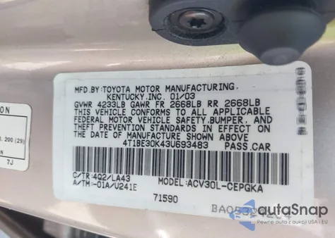 2003 Toyota Camry Xle z USA, uszkodzony, nr VIN 4T1BE30K43U693483